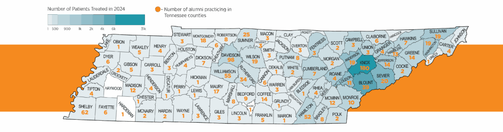 Tennessee map showing the number of alumni practicing in all 95 Tennessee counties.