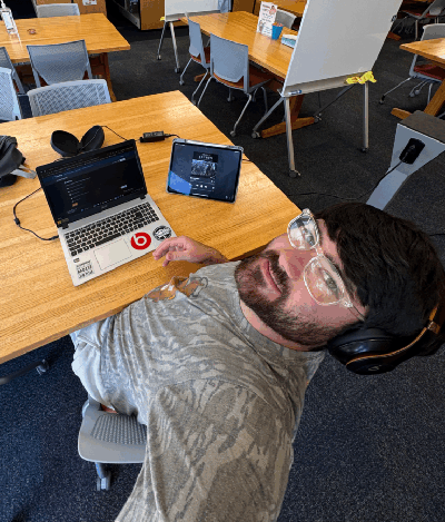 Conner Boley in the library at the end of the day.