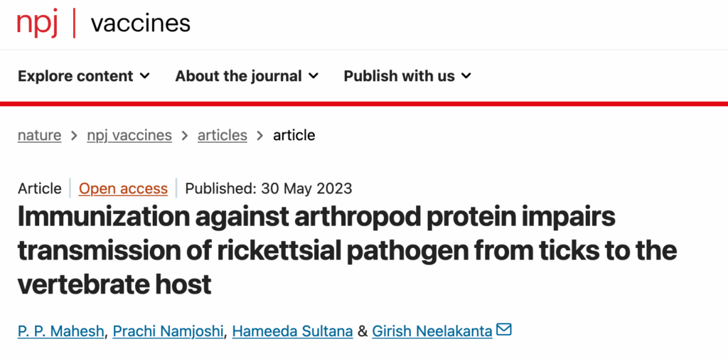 npj vaccine article about Immunization against arthropod protein impairs transmission of rickettsial pathogen from ticks to the vertebrate host.