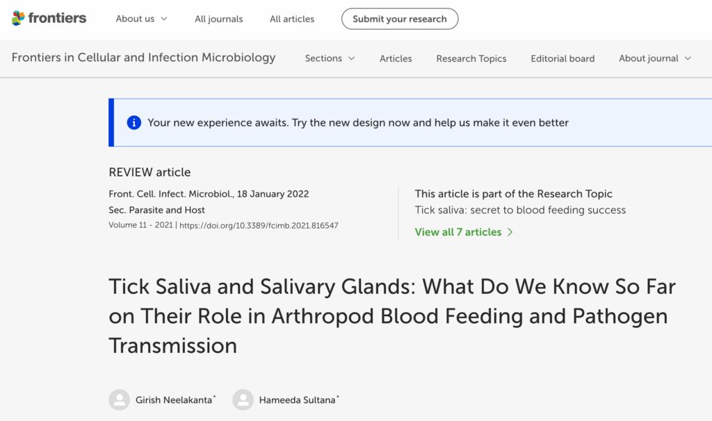 Frontiers article about Tick Saliva and Salvary Glands.