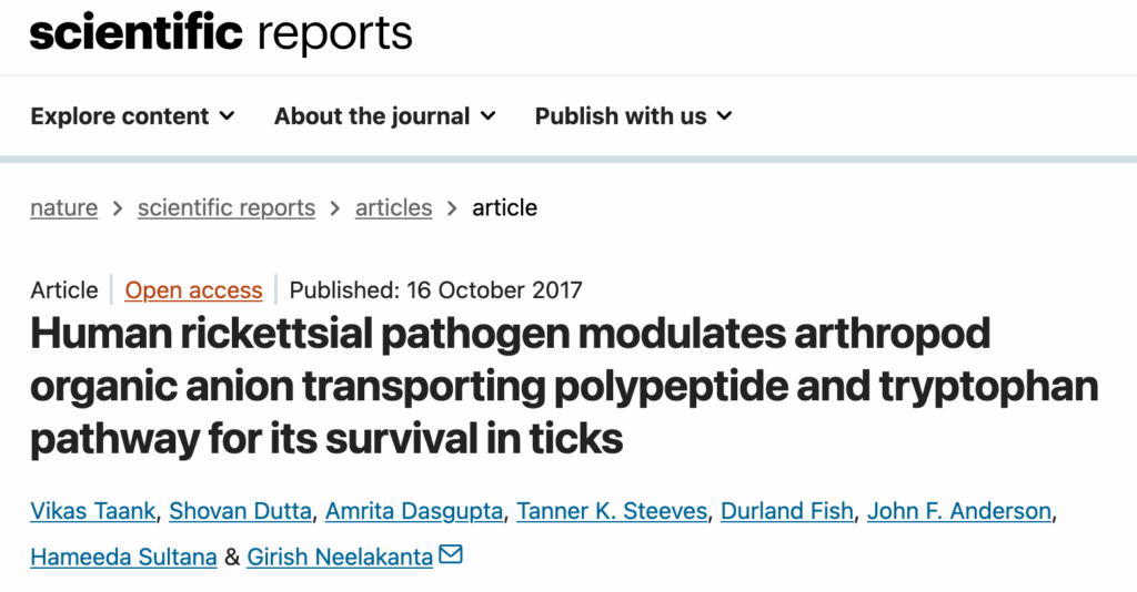 Scientific Reports article about the human rickettsial pathogen modulates arthropod organic anion transporting polypypeptide and tryptophan pathway for its survival in ticks.