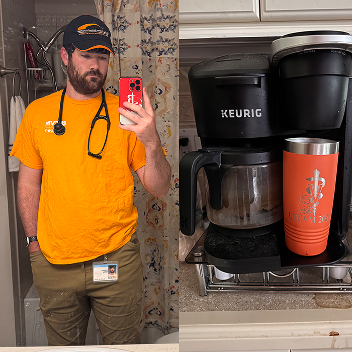 Conner Boley getting ready for the day with the coffee brewing.