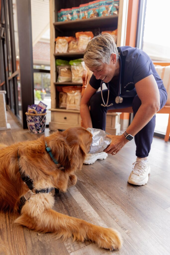 Emily King is sitting on a chair sharing a bag of food with a golden retriever.