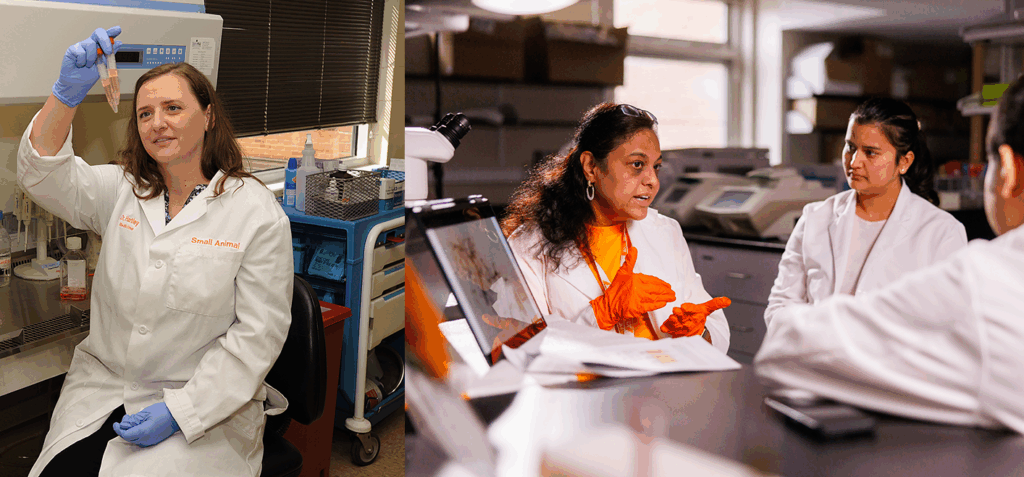 Ashley Hartley in lab looking at vials and Madhu Dhar discussing concepts.