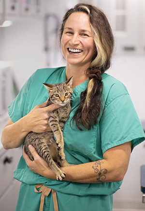 Dr Jennifer Weisent holding stray cat in shelter.