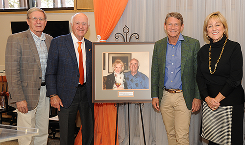 Honoring John and Ann Tickle at the Teaching Learning Center ribbon cutting ceremony (Left to right) Dean Jim Thompson, John Tickle, UT President Randy Boyd, Chancellor Donde Plowman. Photo of Ann and John Tickle with their beloved Westie.
