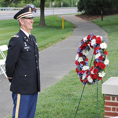 Mark McDonald, Colonel (R) and treasurer of the University of Tennessee Reserve Officers’ Training Corps (ROTC) Alumni Council participates in the outdoor re-dedication ceremony of the War Dog Memorial at the UT College of Veterinary Medicine in 2023.
