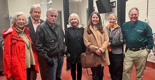 (Left to Right) Russ and Florence Johnston (good friends and neighbors of Charles and Lori Wharton), Charles and Lori Wharton, Caroline Chamberlain, Dr. Carla Sommardahl, and Dr. Steve Adair enjoy a tour of the Charles and Julie Wharton Large Animal Hospital.