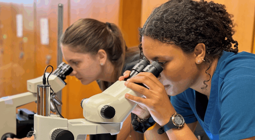 Two students looking through a scope in a class room.
