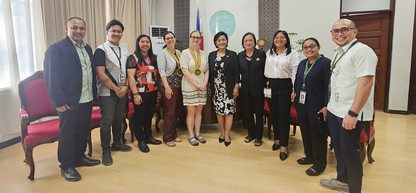 Bailey discussed potential future collaborations with university leadership, as well as faculty and leadership from the colleges of Veterinary Medicine (CVM) and Agriculture, Food and Sustainable Development (CAFSD). L–R: CVM Dean Charlie Batin, Prof. Roco M. Gearhart, Prof. Samantha Aquino (USDA fellow from Benguet State University), Anik Vasington (Eastern Connecticut State University), Bailey, University President Shirley C. Agrupis, Vice President for Academic Affairs Prima Fe R. Franco, Prof. Joan Rarogal (USDA fellow), Prof. Arlyn T. Chokowen, CVM Dean Melvin A. Bagot.
