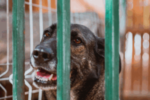 Brown dog in shelter behind green bars.